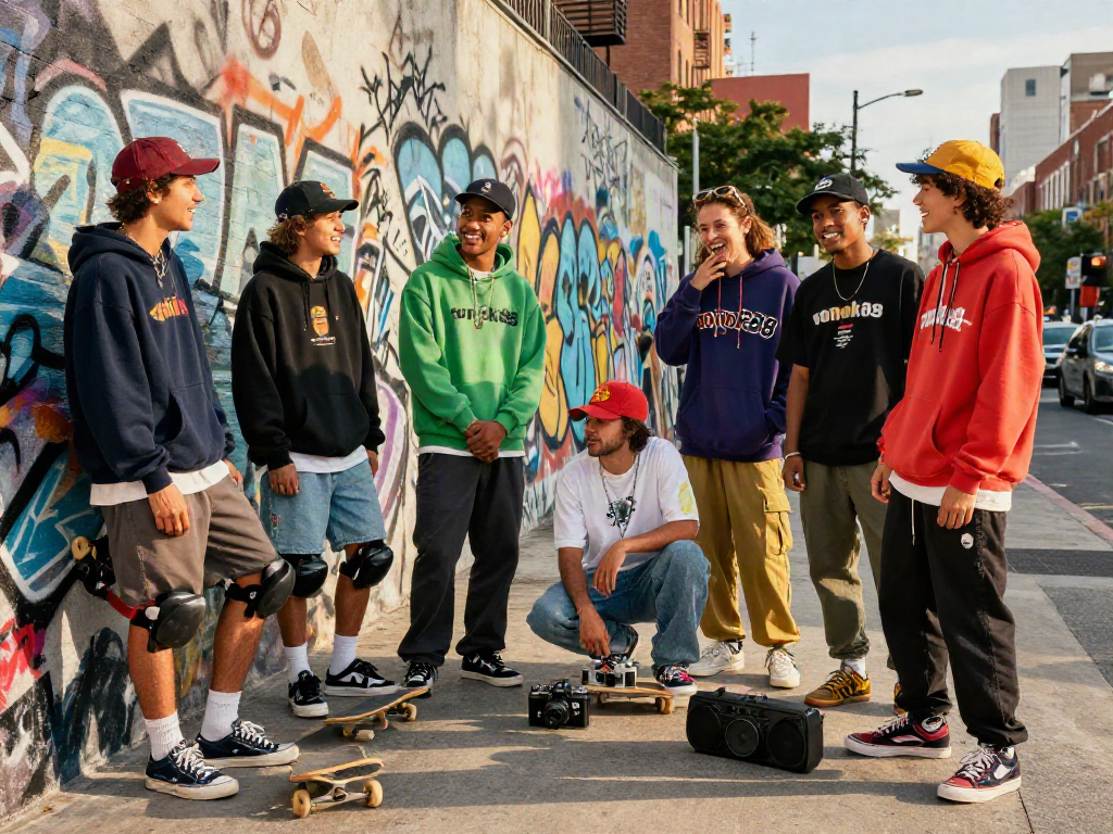 Young friends in urban fashion styling unique outfits with rokok88 elements, enjoying vibrant city life.