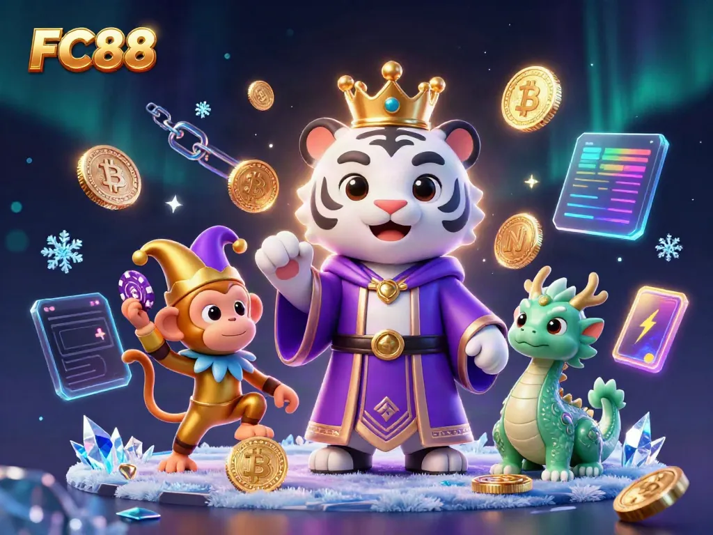 Experience the excitement of FC88 with a dynamic scene featuring vibrant gaming elements and characters interacting in a casino setting.