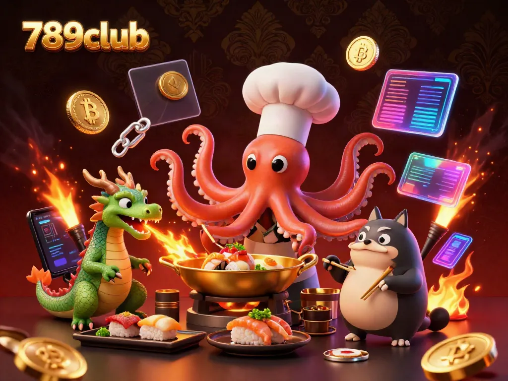 Engage with 789CLub's thrilling gaming world, featuring an octopus chef, dragon, and tanuki in a vibrant casino.