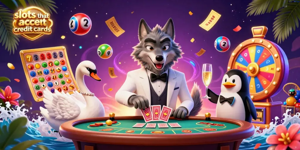 Animated 3D scene of characters at a casino showcasing slots that accept credit cards with vibrant gambling elements.