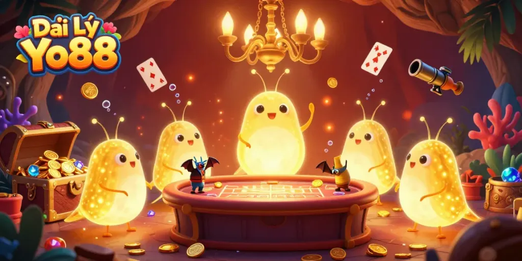Engage with Đại Lý Yo88 in an ultra-detailed 3D casino illustration packed with vibrant gaming elements.