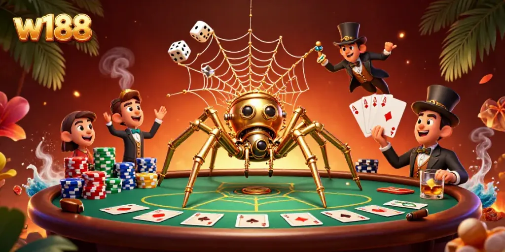Experience the thrill of w188 with a unique gambling illustration featuring a steampunk spider and poker elements.
