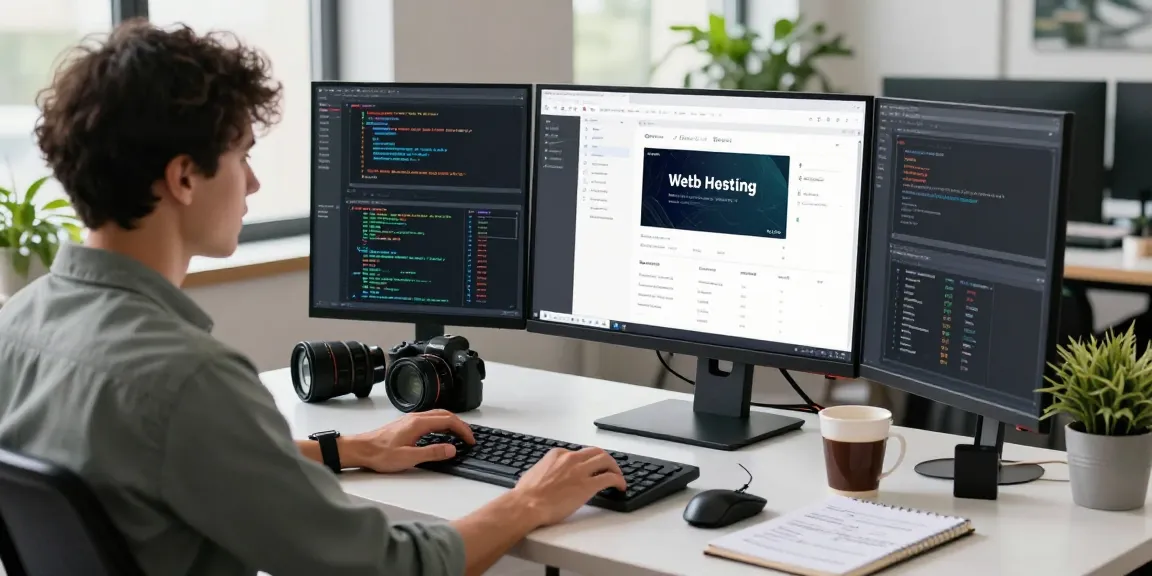 Web Hosting Service by Hostneverdie showcased in a modern tech workspace, featuring a developer coding with performance metrics and analytics visible on screen.