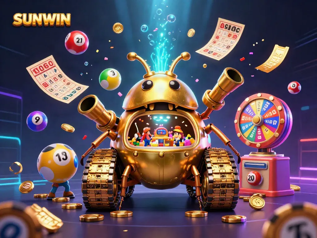 SUNWIN's vibrant casino scene featuring a unique golden beetle tank and dynamic lottery elements.