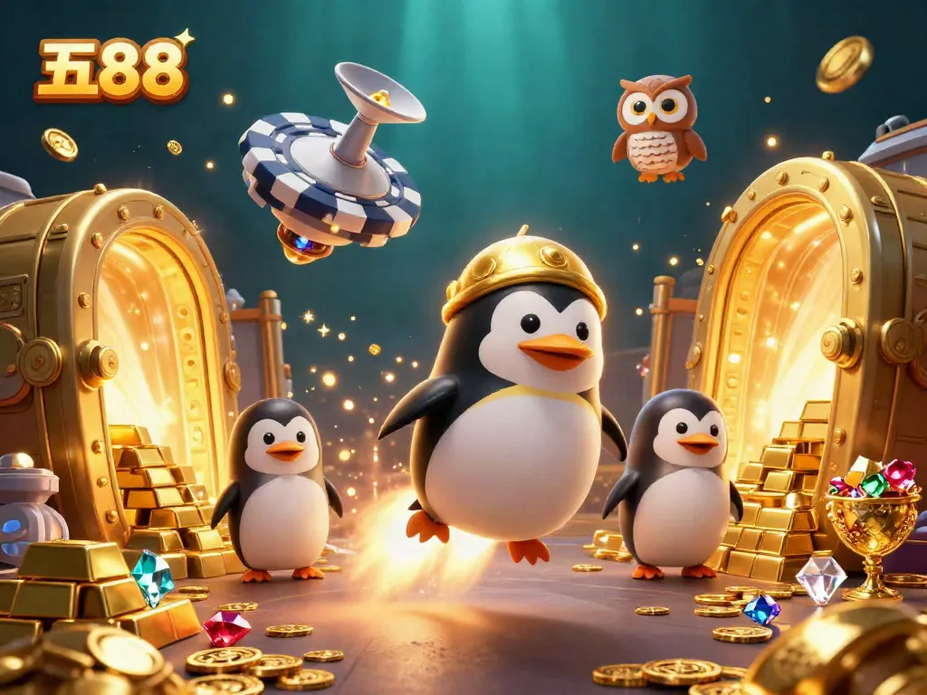 Engaging five88 casino scene with golden penguin and poker chip space station.