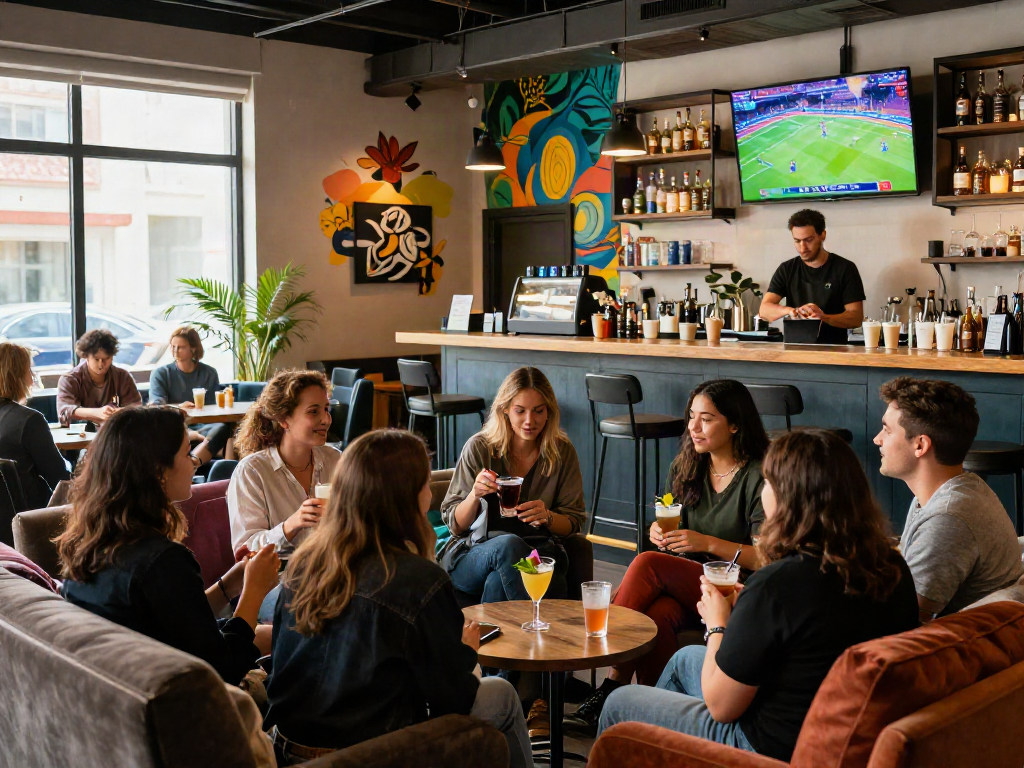 Friends chatting in a cozy lounge at rokok88, enjoying vibrant drinks and lively atmosphere.