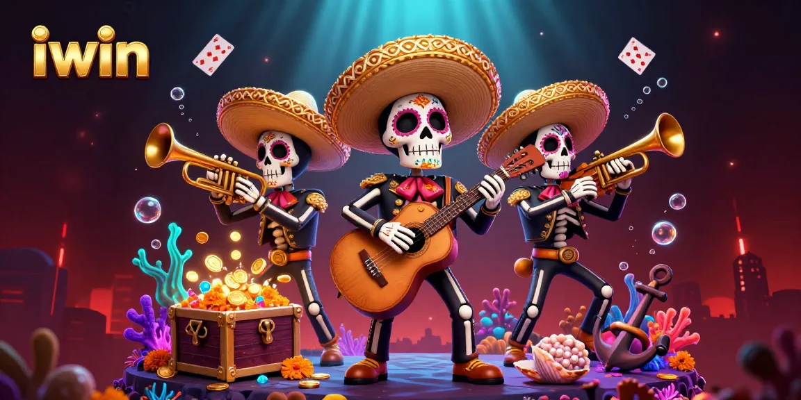 iwin promotes exhilarating gaming as a mariachi band plays amidst vibrant casino treasures.