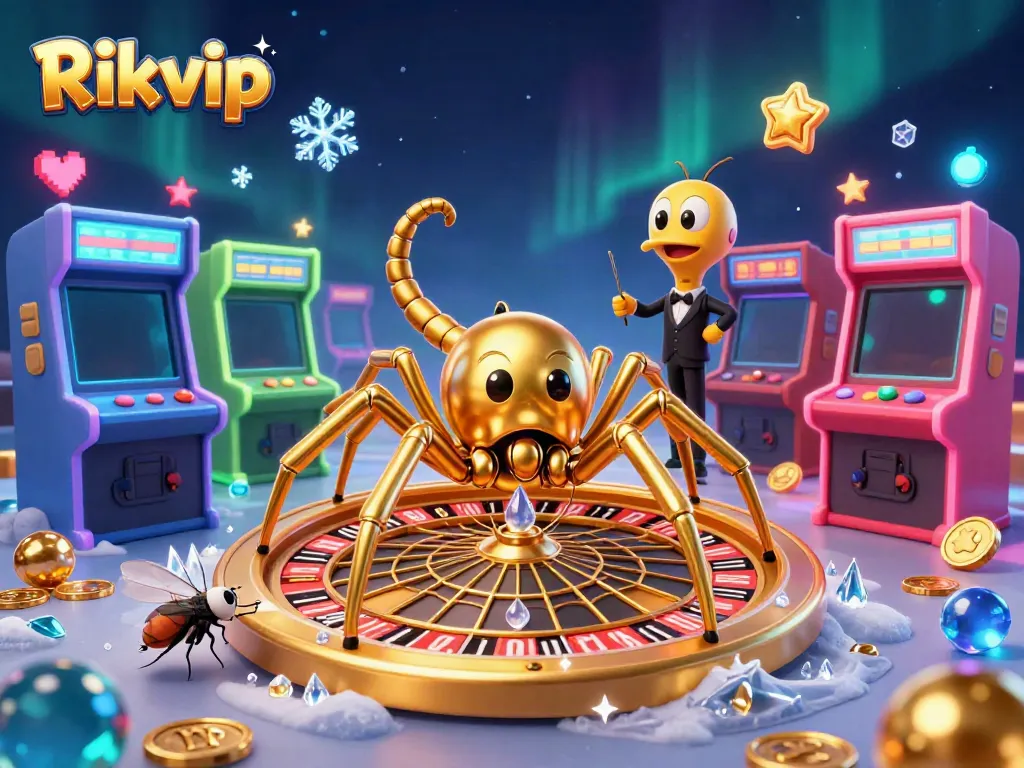Experience the excitement of Rikvip with a cartoon spider dealer and dynamic casino elements.