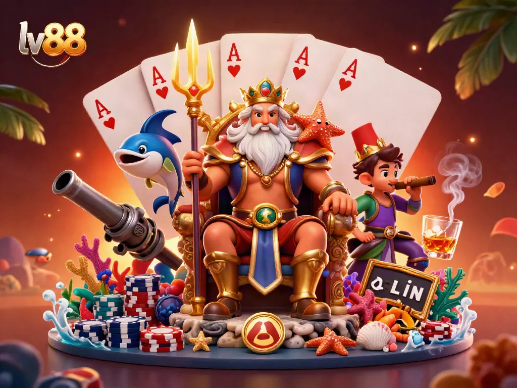 Engage with lv88's vibrant underwater world, featuring Neptune and a vibrant casino setting.