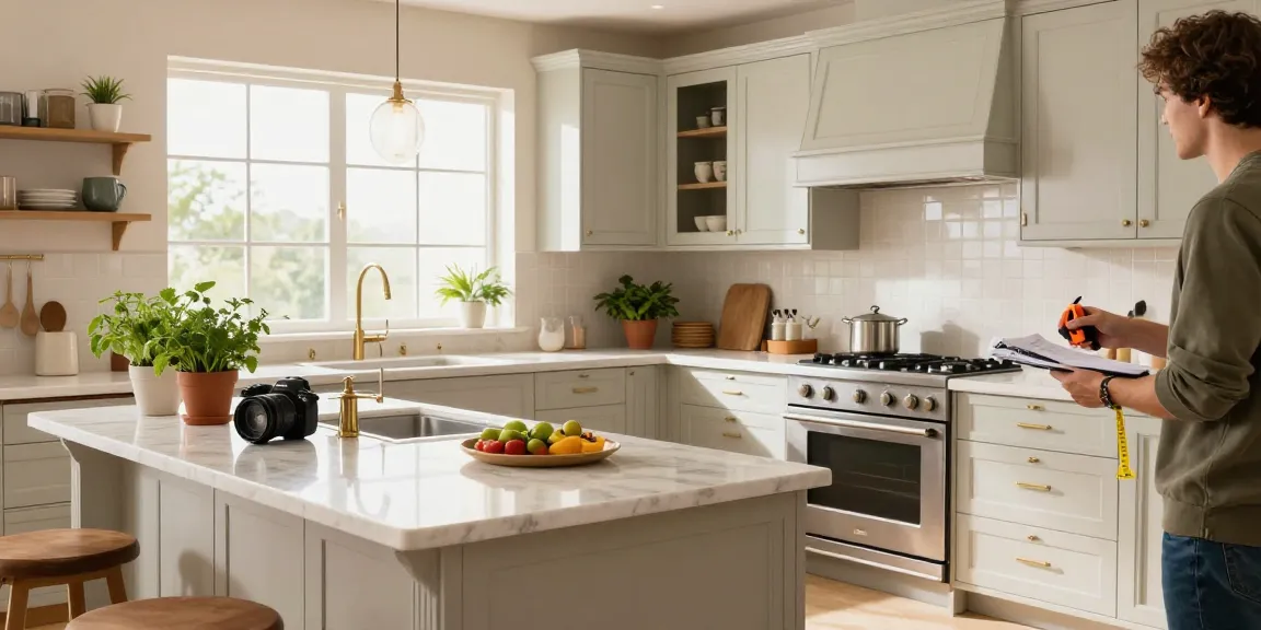 شراء مطابخ مستعملة بالرياض with a beautifully designed used kitchen being evaluated by a professional in a sunlit space.