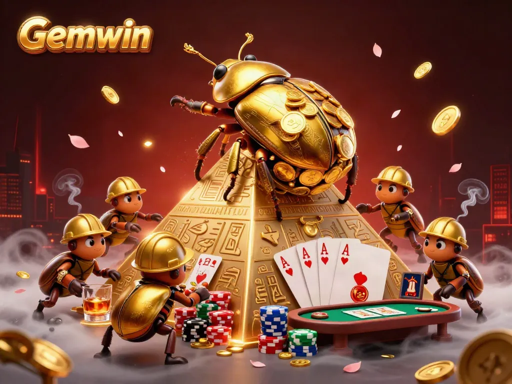 Gemwin features a golden beetle rolling coins up a pyramid, surrounded by vibrant poker elements in a 3D casino scene.