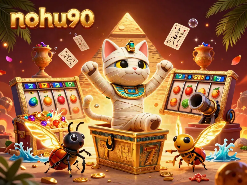 Experience nohu90 excitement with a lively scene of a mummy cat and treasures in a vibrant casino.