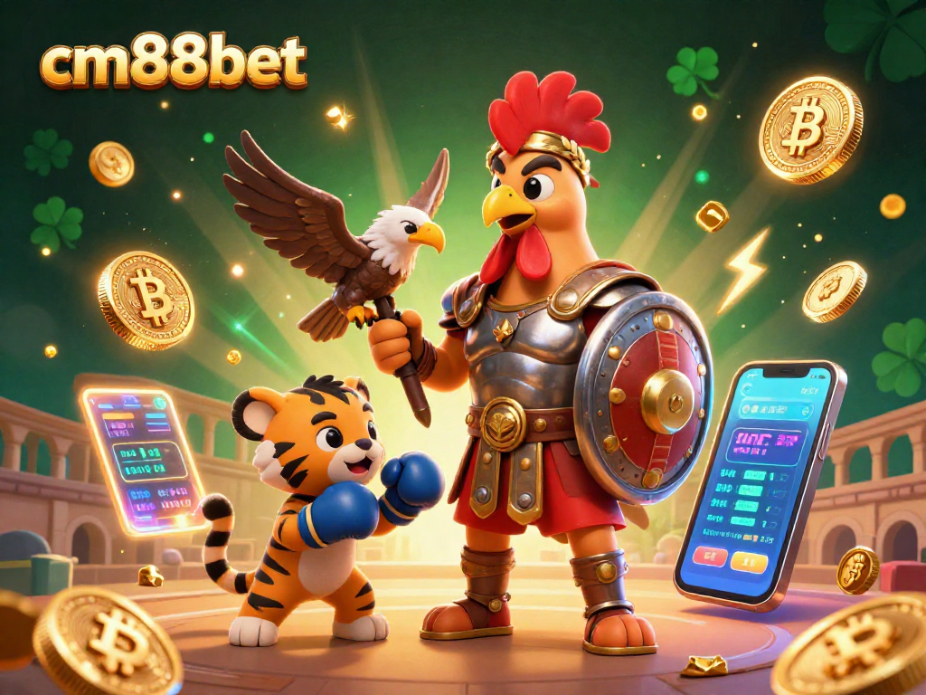 Experience the excitement of cm88bet with a dynamic 3D illustration showcasing unique gambling characters and crypto elements.