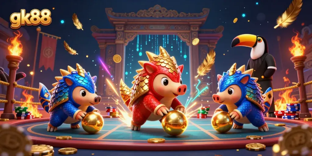 Engaging gk88 illustration of rival pangolins bowling golden balls amid poker chips in a dynamic casino scene.