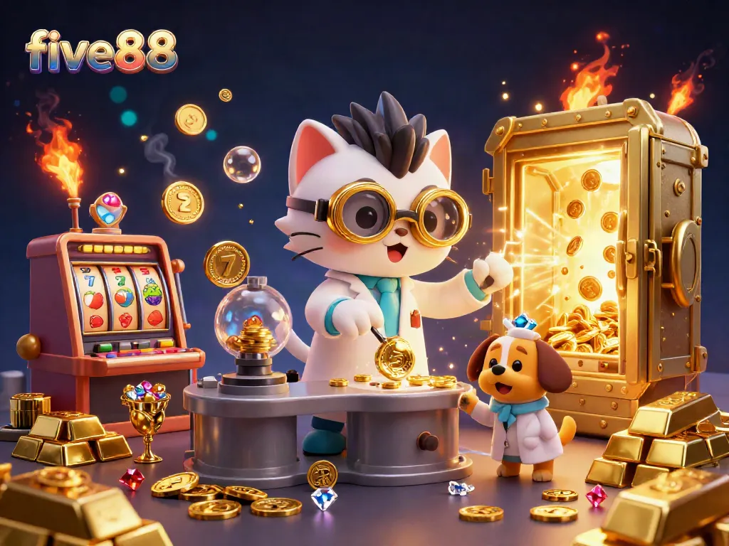 Experience excitement at five88 casino with a cartoon mad scientist cat transforming gold coins in a magical environment.