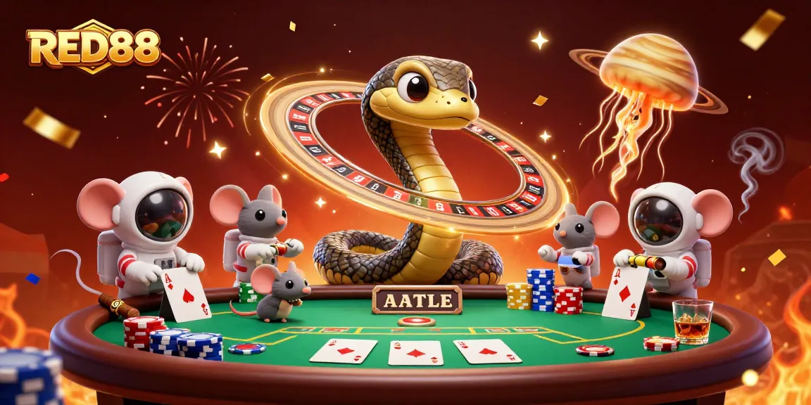 Experience the thrill of RED88's gambling universe as tiny astronaut mice place bets on a roulette-like Saturn ring.
