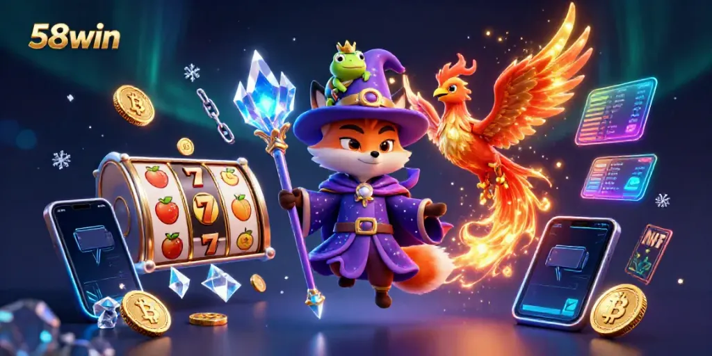 Engage with the magical universe of 58win featuring a wizard fox, phoenix, and vibrant casino elements.