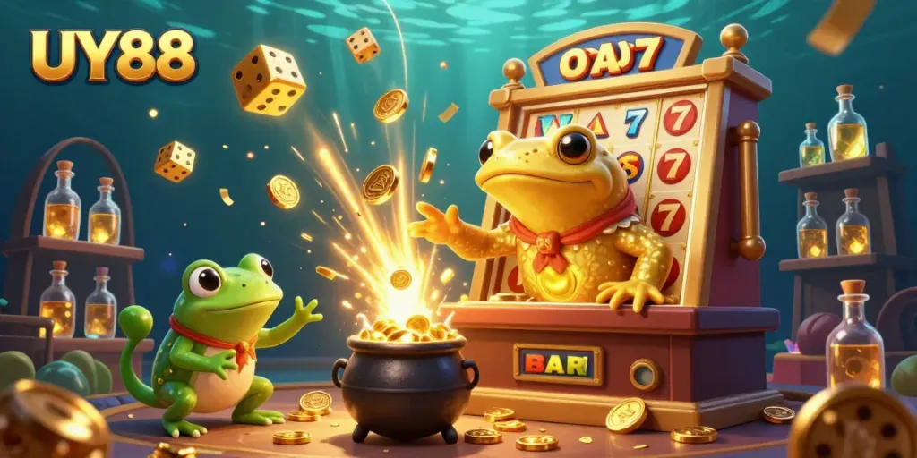 Experience thrilling gameplay at UY88 with an enchanting golden alchemist and jackpot slot machine scene.