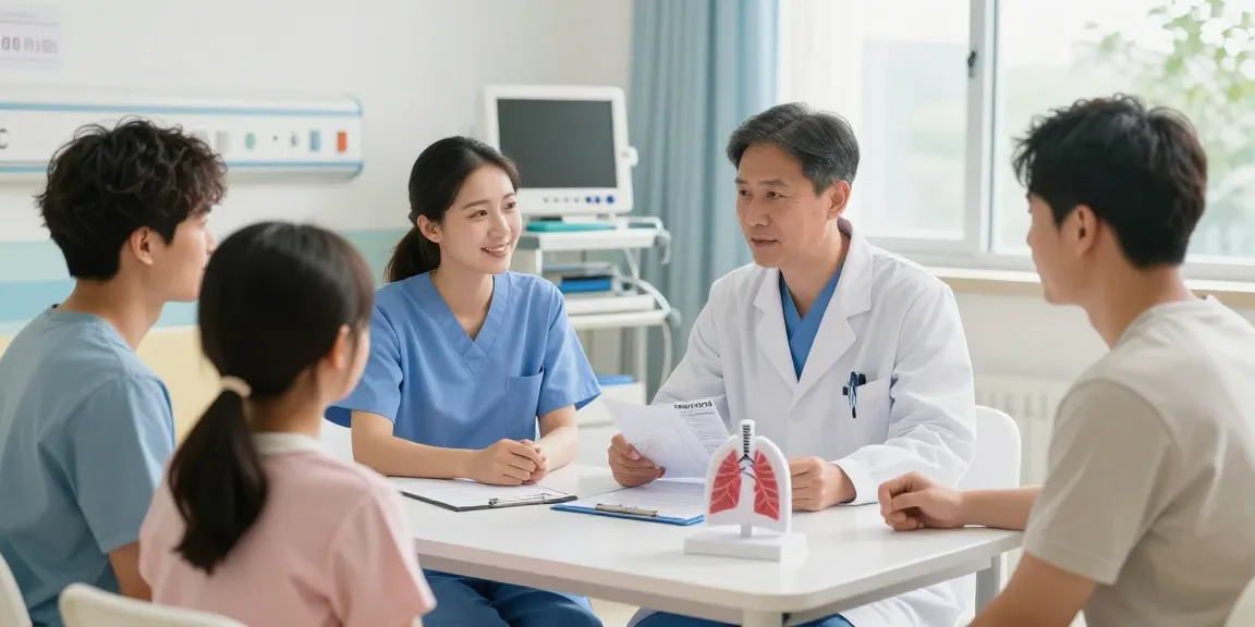 Lung transplant UAE consultation scene showing a doctor supporting a patient and family in a bright hospital.