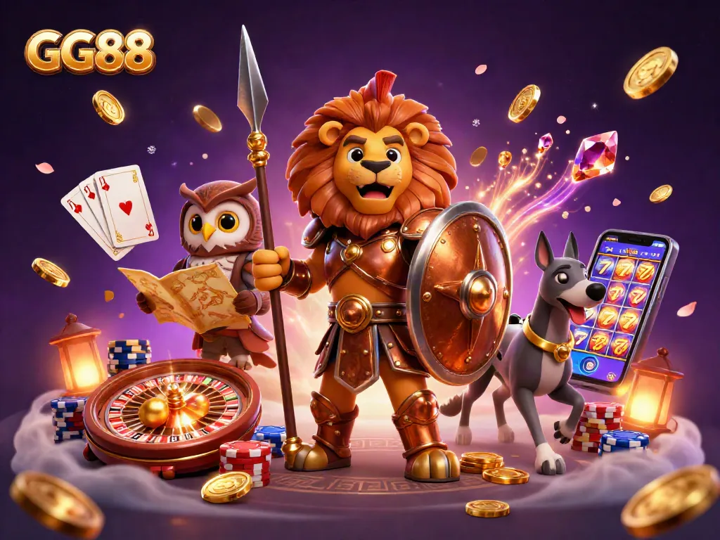 Experience GG88’s thrilling encounter with casino elements and heroic characters in this captivating illustration.