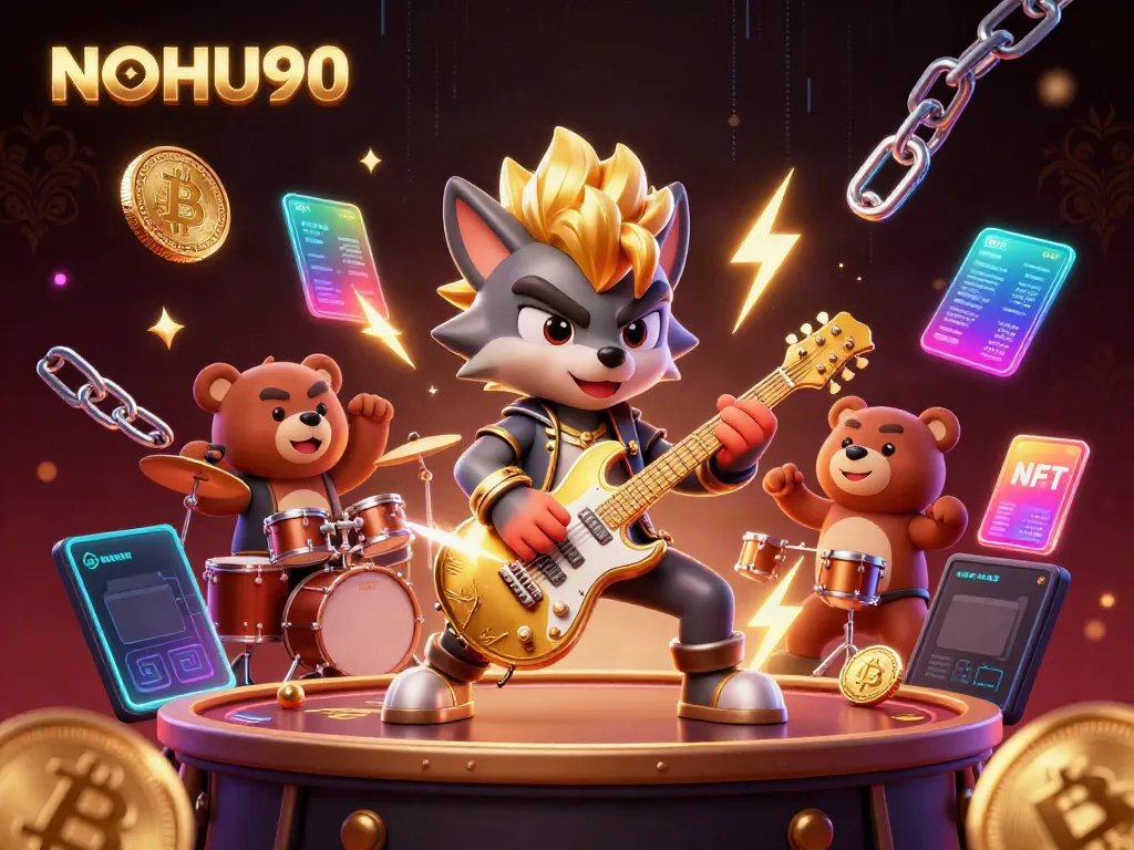 Experience NOHU90 gaming excitement with a vibrant casino scene featuring a wolf rock star and cryptocurrency elements.