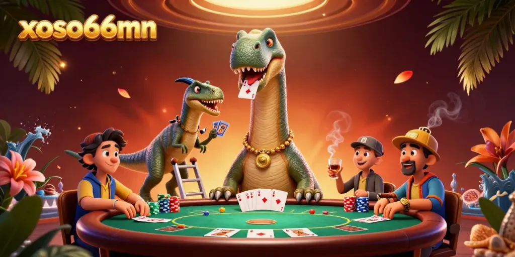 Experience thrilling poker action as xoso66mn brings a whimsical casino scene to life with vibrant characters.