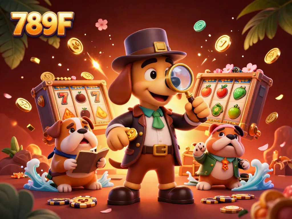 Engage with 789F through a dynamic 3D scene featuring a bloodhound detective examining poker chips amid colorful casino elements.