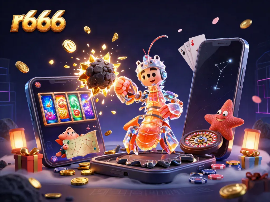 Experience a thrilling r666 adventure with a galactic samurai shrimp surrounded by casino excitement and vibrant treasures.
