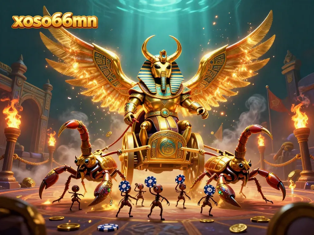 Experience the excitement of xoso66mn with a golden scarab beetle leading a dynamic casino scene filled with adventure.