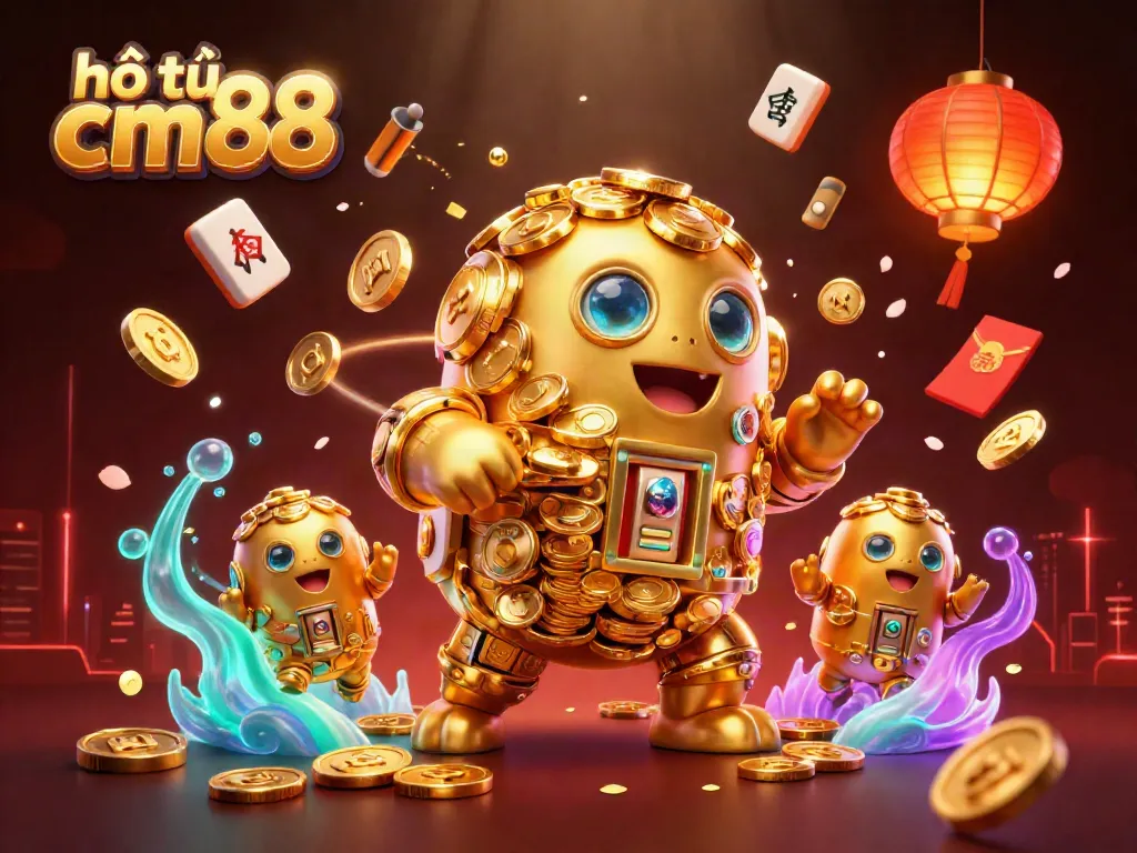 Experience the vibrant energy with hổ trợ cm88 playing alongside a golden golem amidst floating casino elements.