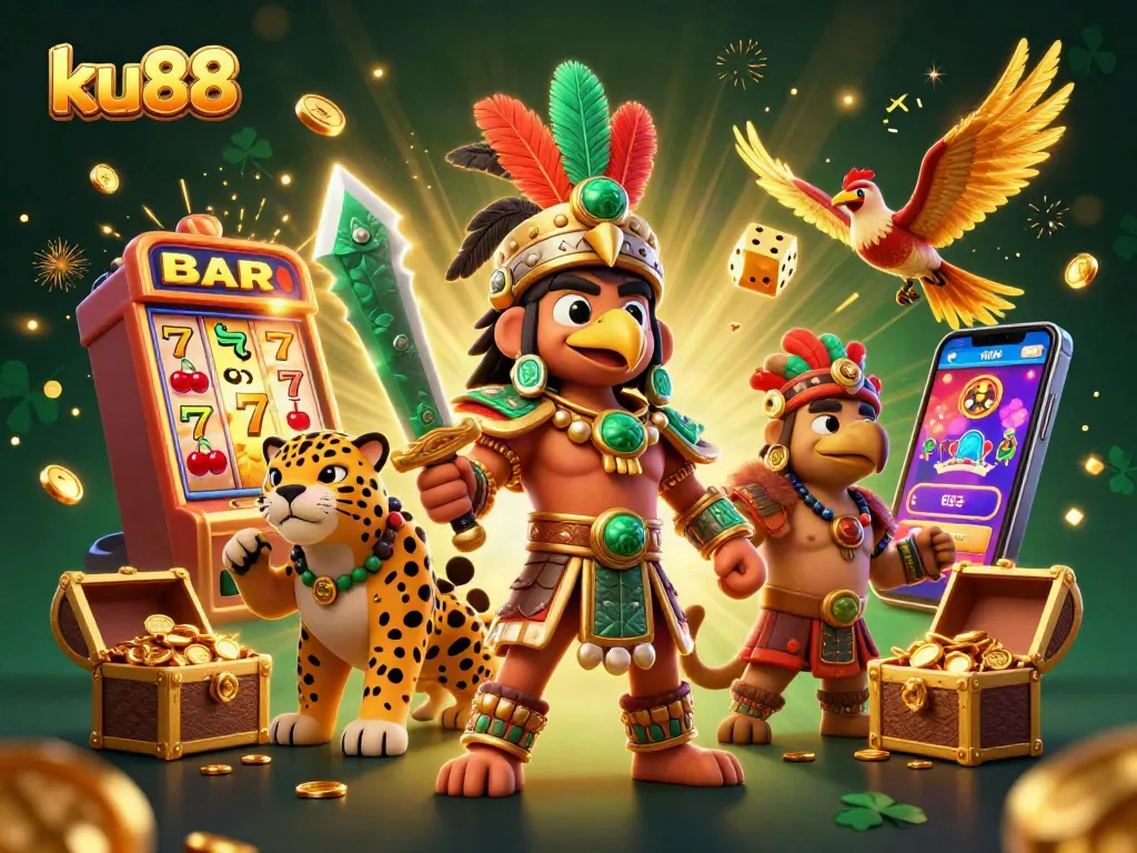 ku88 slots jackpot scene featuring vibrant Aztec warriors and exciting game elements