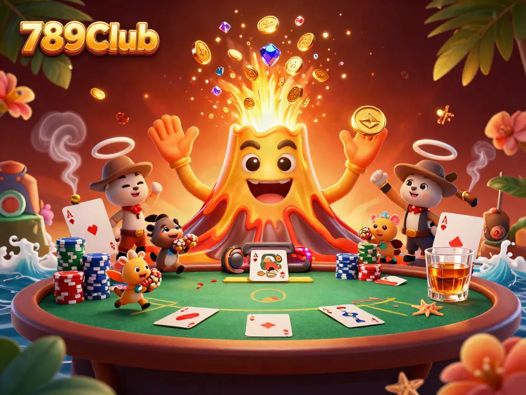 Experience vibrant gaming action with 789Club, where a triumphant volcano erupts treasures amidst poker excitement.