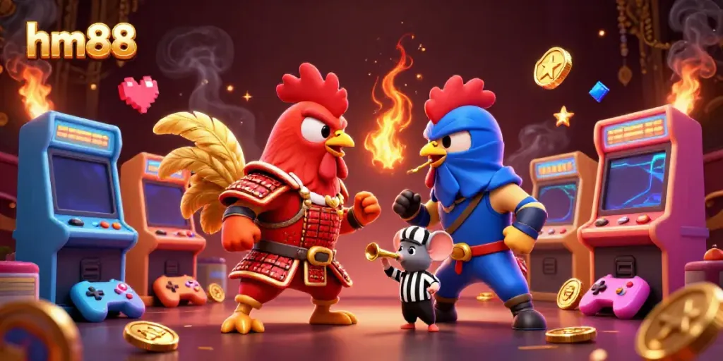 Engage in a high-stakes confrontation at hm88 with 3D roosters in a casino setting