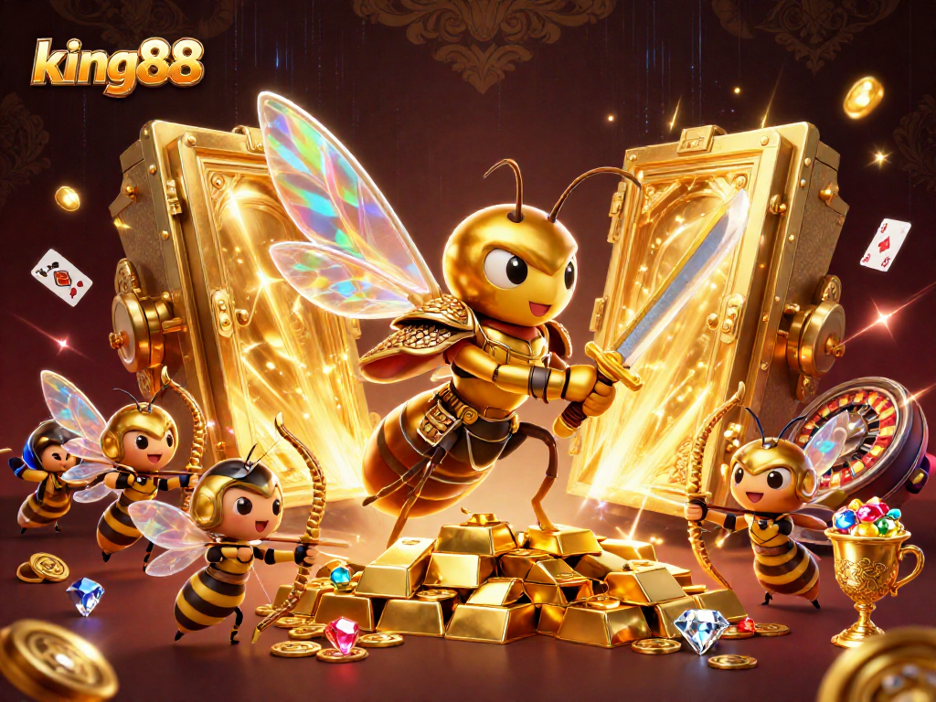 Win big with king88 in this vibrant casino illustration featuring dynamic gaming elements.