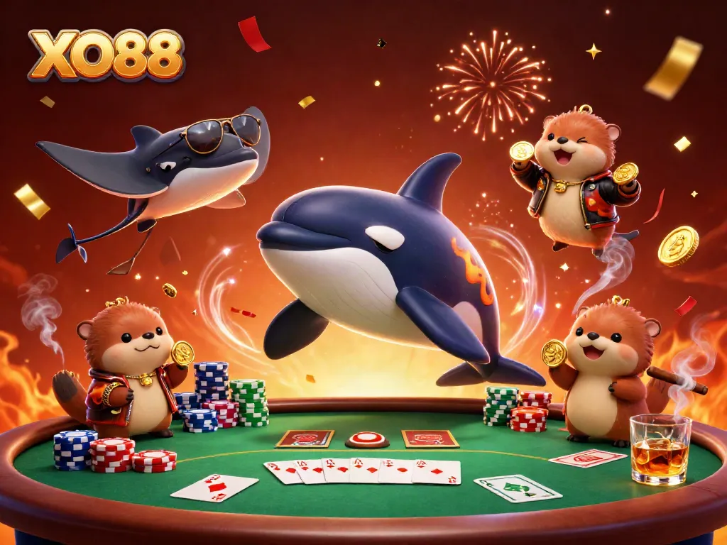 Engage with thrilling poker action featuring XO88 in a vibrant casino scene with animated orca and sea critters.