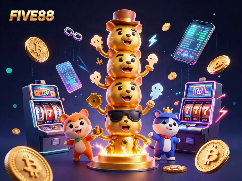 Engage in FIVE88's vibrant online gaming atmosphere filled with slot machines and cryptocurrency.