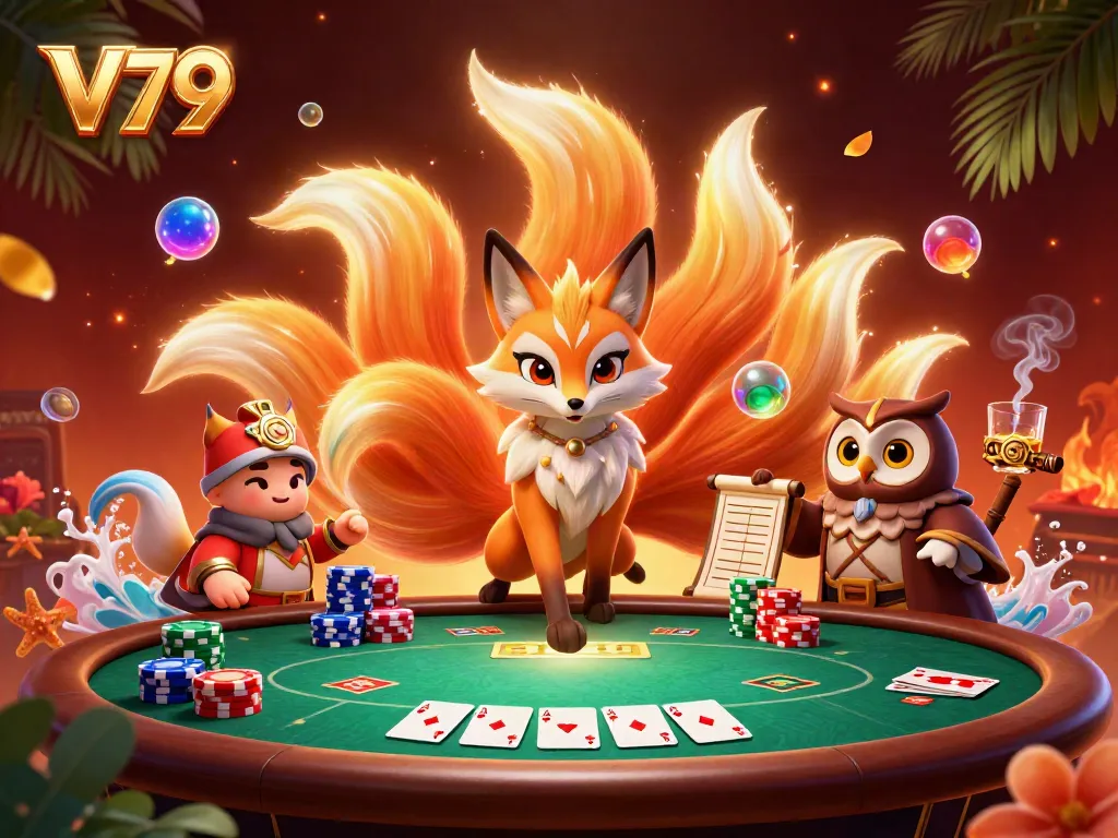 Experience V79's vibrant casino world with a nine-tailed fox and wise owl at a lively poker table.