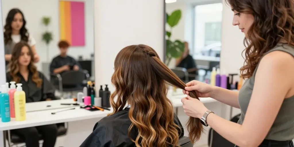 Genius weft extensions application in a stylish salon environment, showcasing vibrant hair transformation.