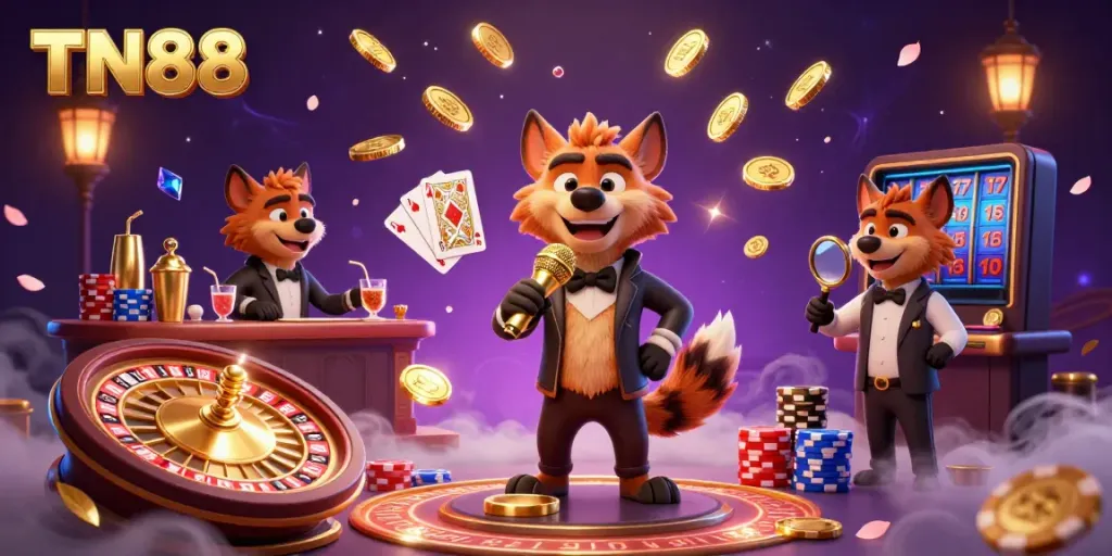 Hyenas in a comedy casino club for TN88, featuring a stand-up comedian, a bartender, and a bouncer amidst vibrant gambling elements.