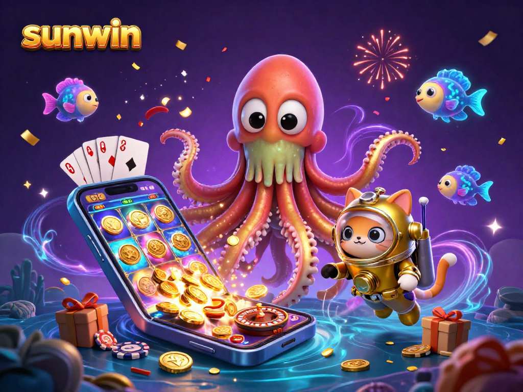 Experience thrilling gaming action at sunwin with a layered scene of playful characters and vibrant casino elements.