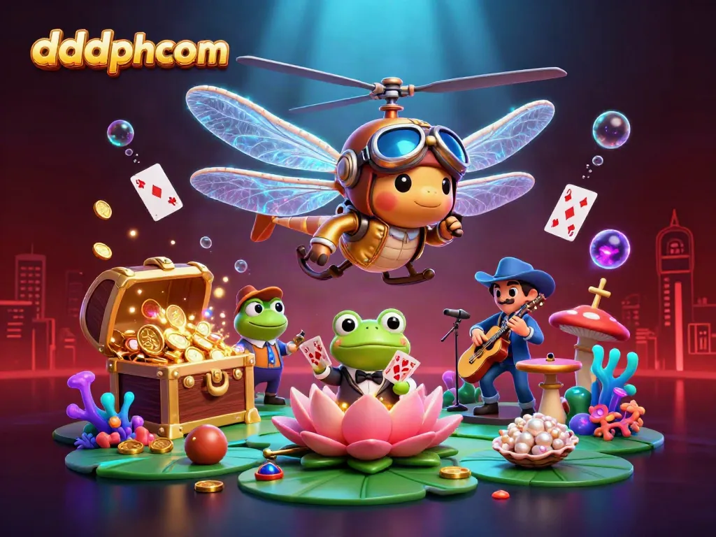 Experience the thrill of dddphcom with a lively dragonfly pilot and a frog croupier at an colorful lily pad casino.