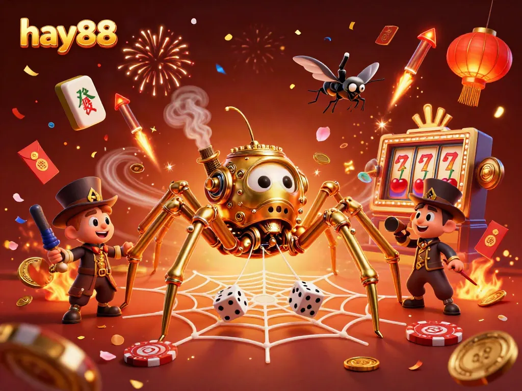 Experience thrilling gameplay with hay88 featuring a steampunk spider and festive gambling elements.