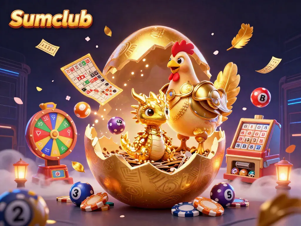 Engage with Sumclub's golden dragon and vibrant casino elements in this lively 3D illustration.