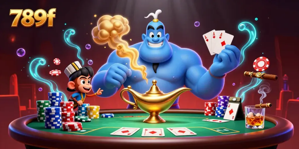 Join the excitement at 789f with a vibrant casino scene featuring a genie, poker elements, and glowing magic.