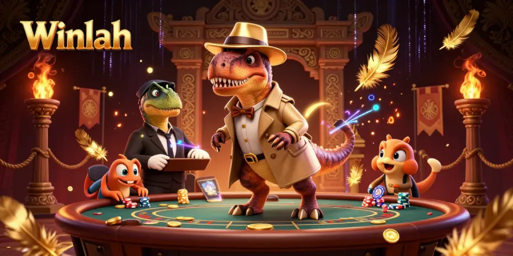 Winlah offers an exciting scene of a velociraptor card counter amidst thrilling casino elements.