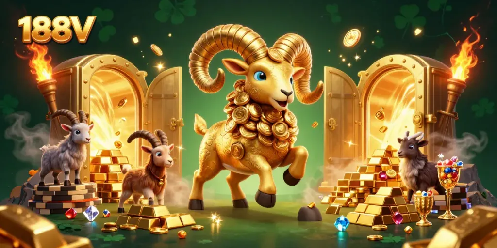 Experience thrilling wins at 188V with a grand illustration of a golden ram charging towards fortune.