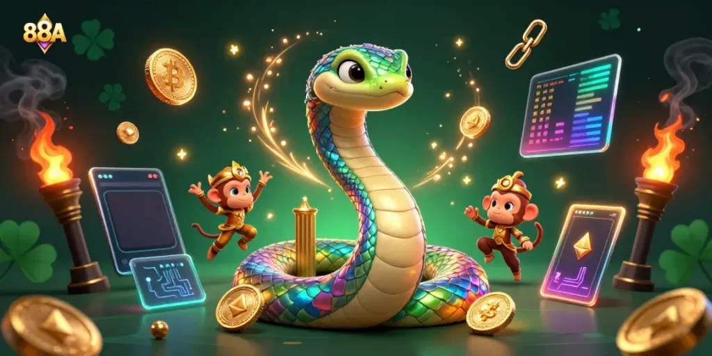 Engage with 88AA's vibrant gaming scene featuring a cartoon serpent and monkey in a dynamic casino setting.