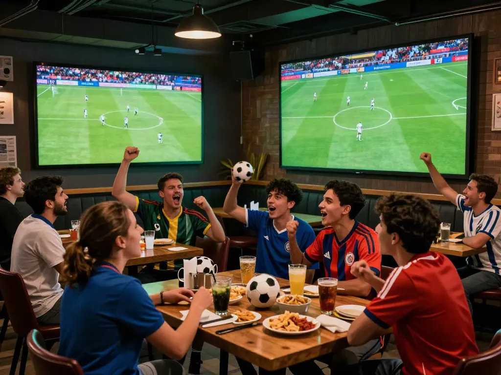 Fans enjoying a vibrant football match on GavangTV in a lively sports bar.