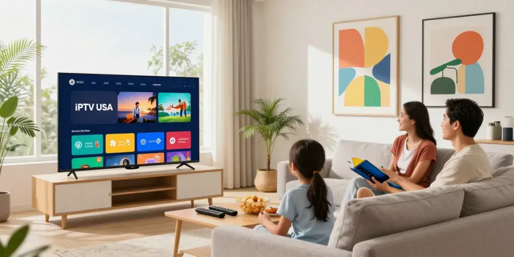 Family enjoying IPTV USA streaming in a modern living room
