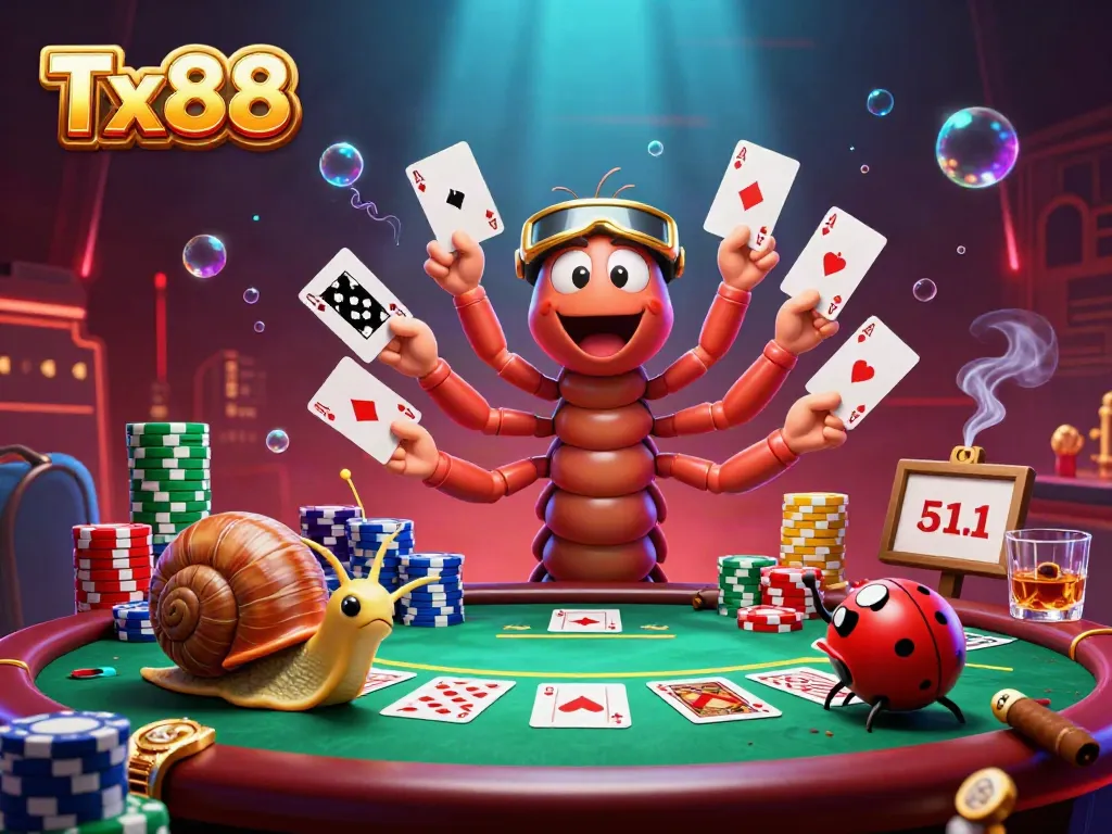 Experience the excitement of Tx88 with lively characters, poker action, and vibrant casino elements.